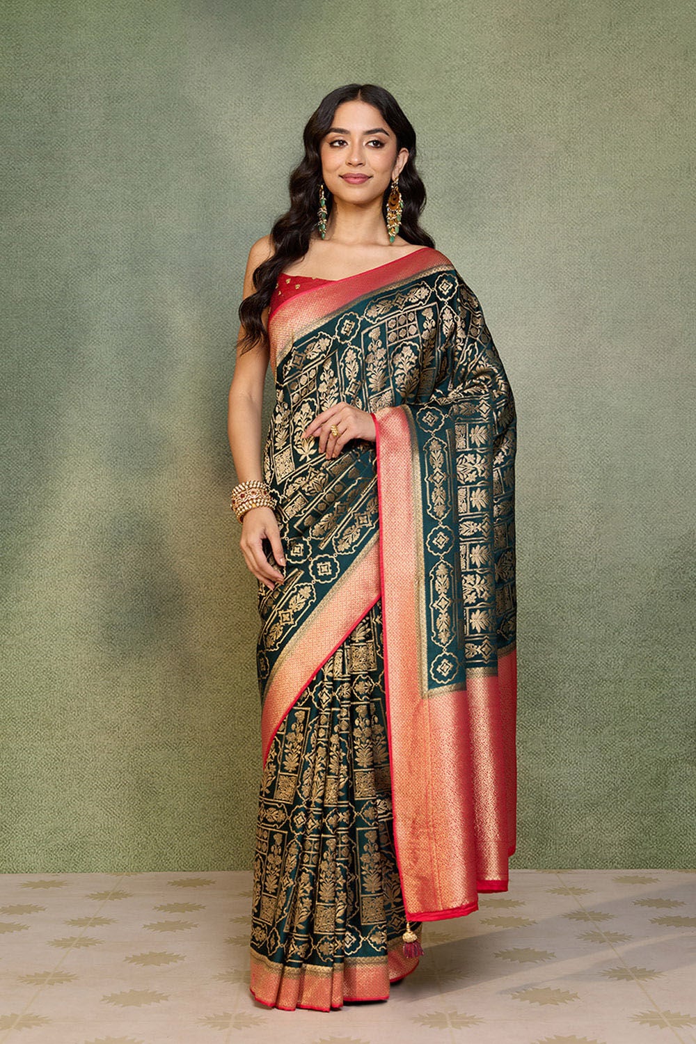 Green Woven Viscose Satin Saree image number null