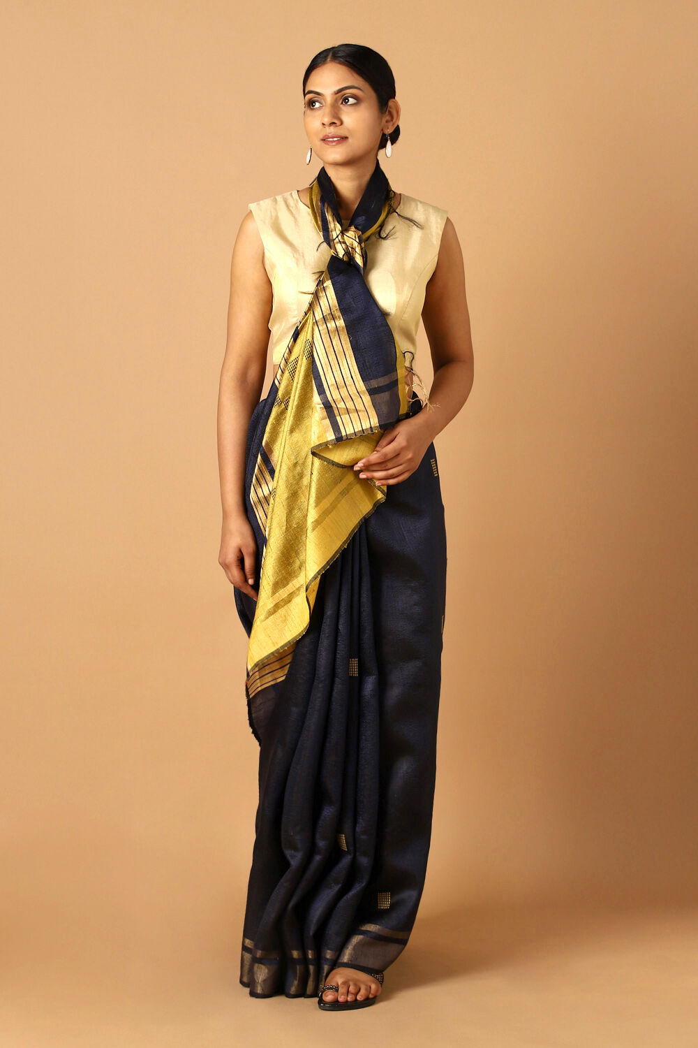 Dark Blue Pure Tussar Silk Bhagalpuri Saree image number null