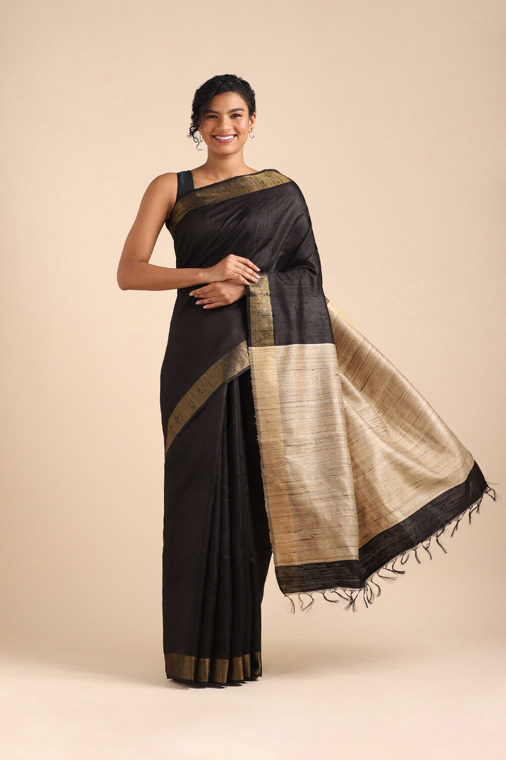 Black Pure Tussar Silk Bhagalpuri Saree image number null