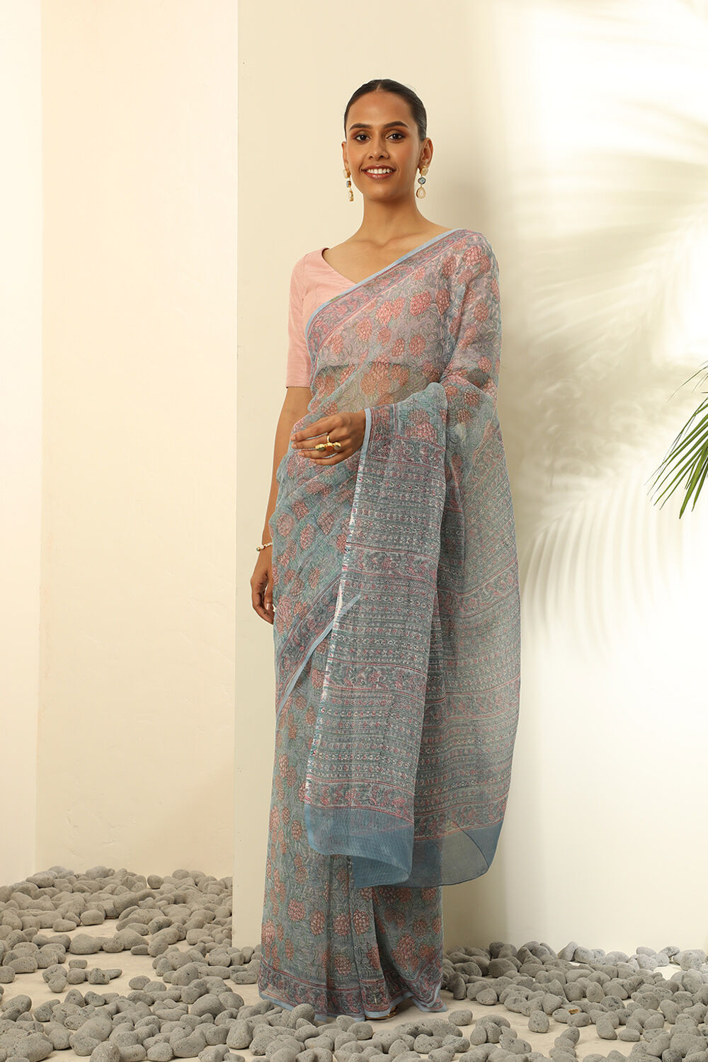 Light Blue Pure Kota Bagru Block Printed Saree image number null