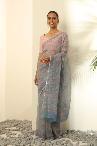 Light Blue Pure Kota Bagru Block Printed Saree image number