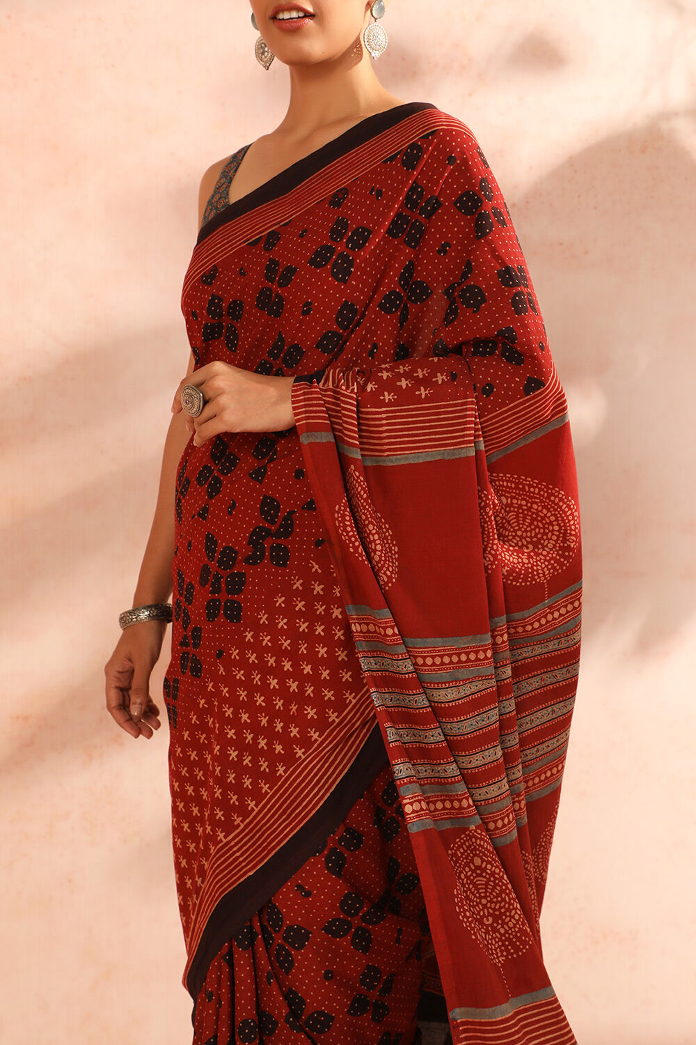 Red Gujarat Pure Cotton Ajrakh Block Print Saree image number null