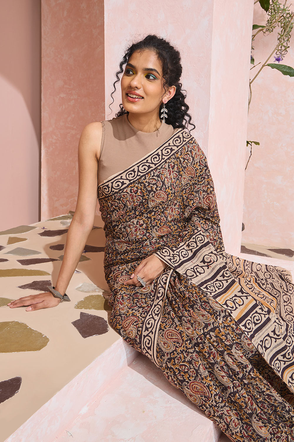 Black Printed Kalamkari Pure Cotton Machilipatnam Saree image number null