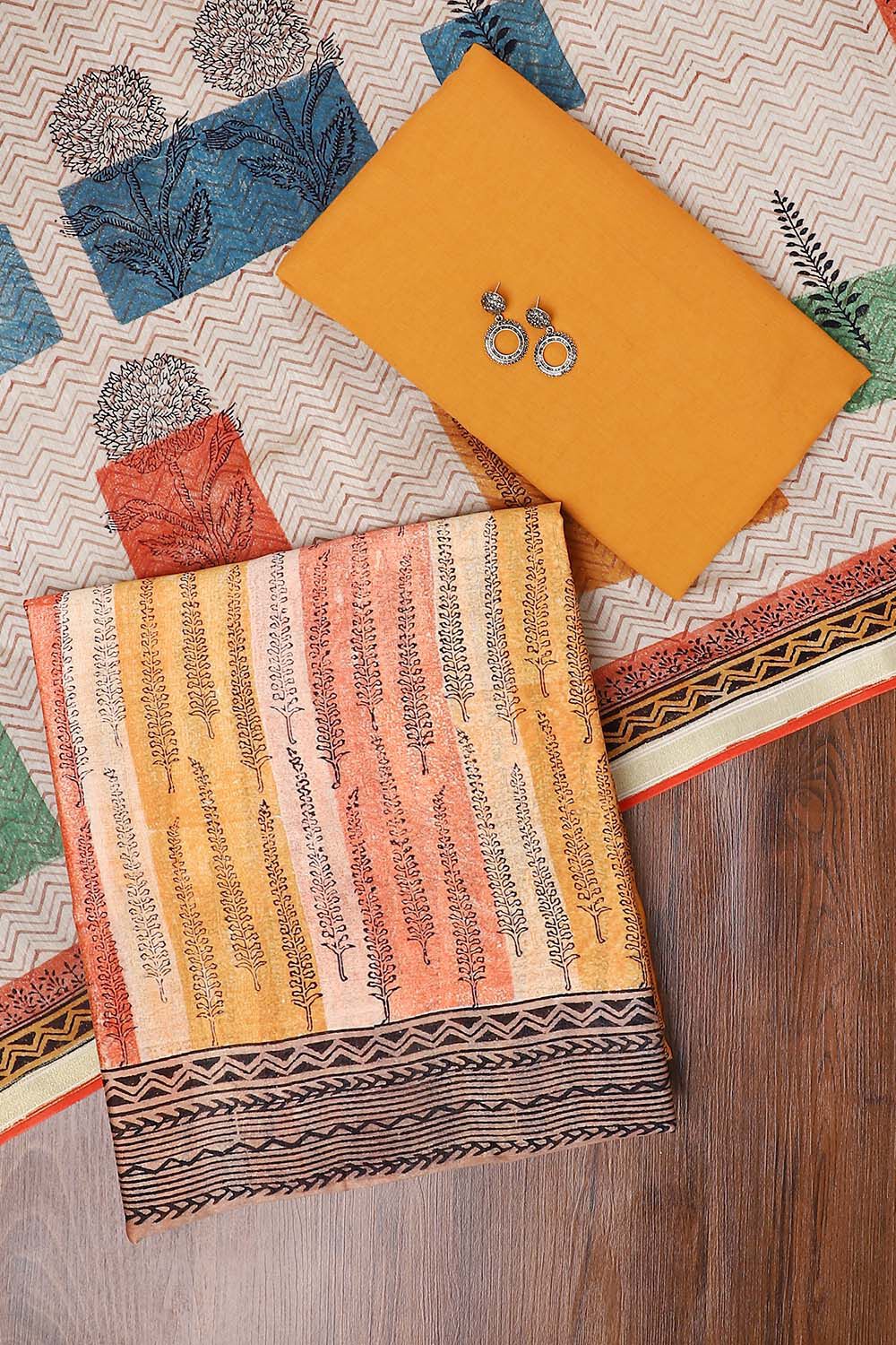Orange Block Printed Silk Cotton Suit image number null