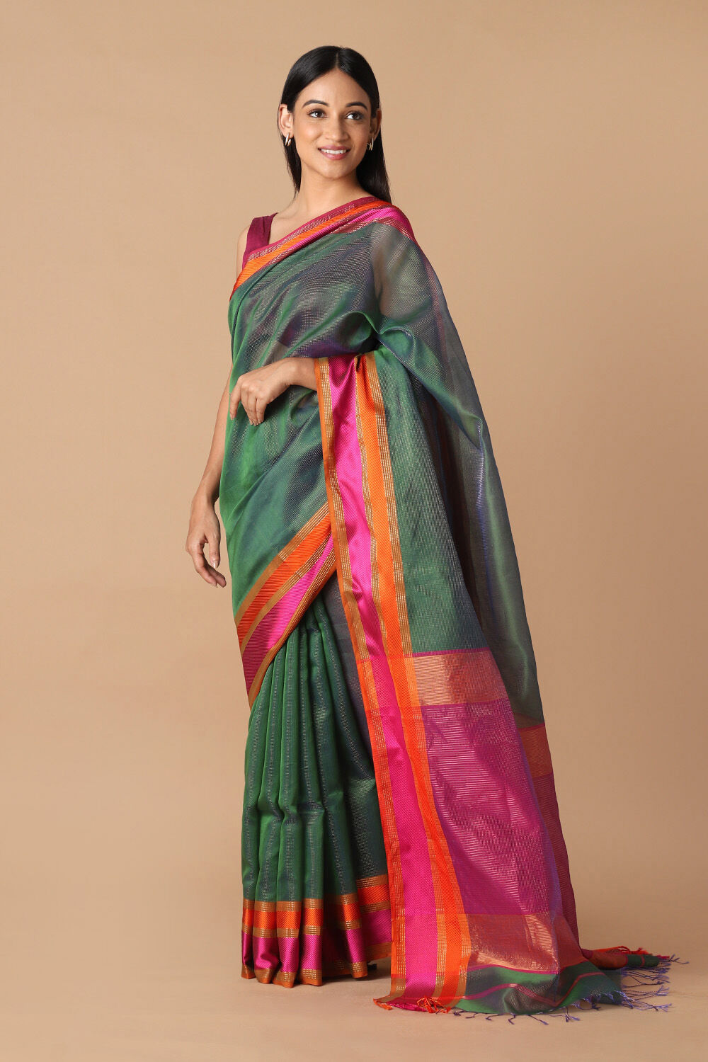 Green Pure Silk Cotton Maheswari Saree image number null