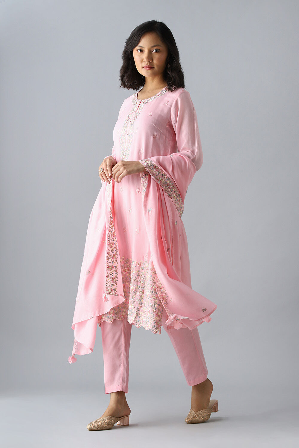 Light Pink Embroidered Viscose Kurta Set image number null