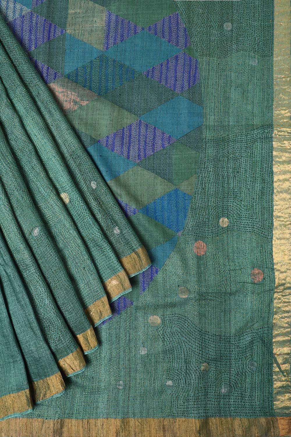 Green Pure Silk Tussar Jamdani Saree image number null