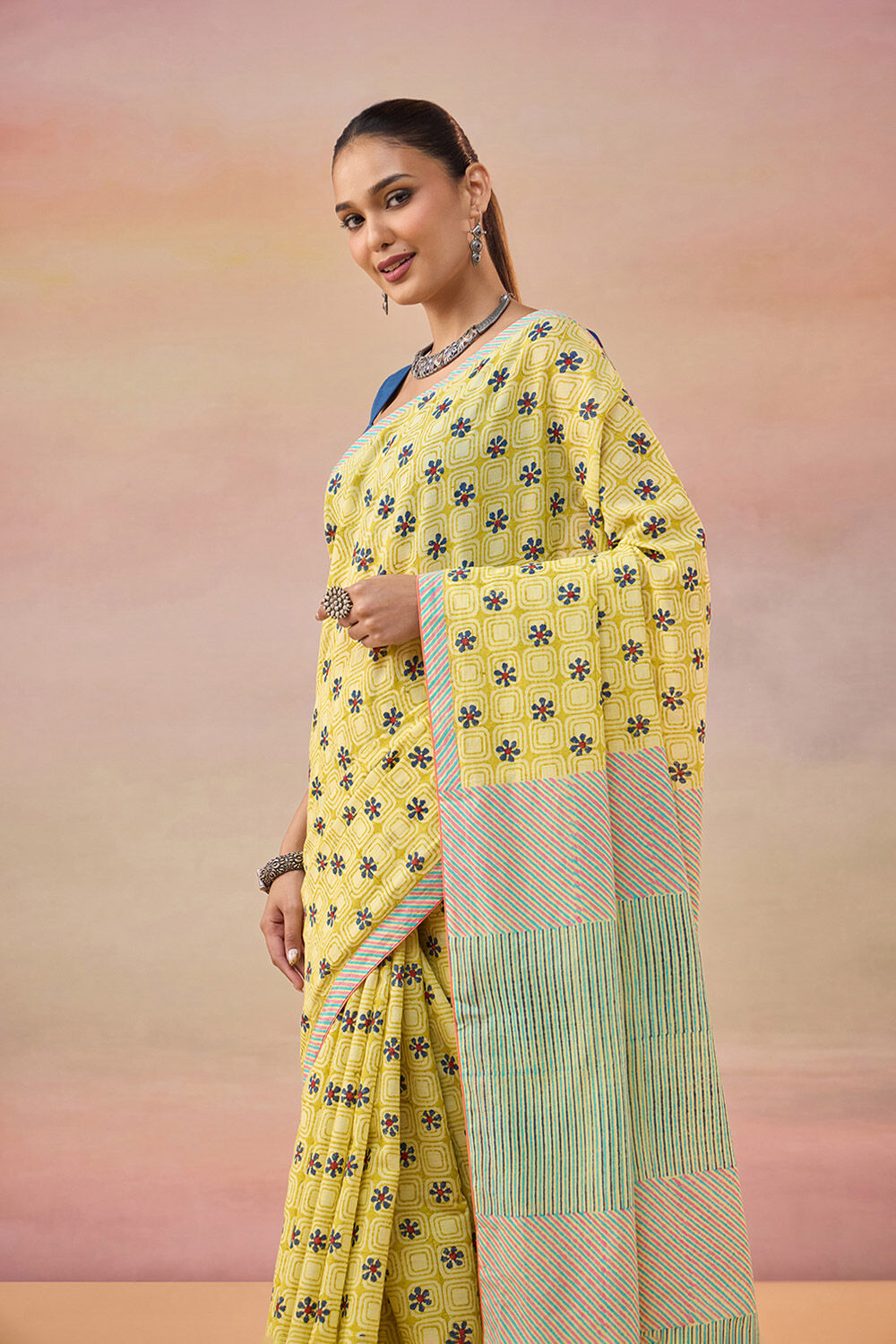 Light Yellow Pure Cotton Block Printed Bengal Saree image number null