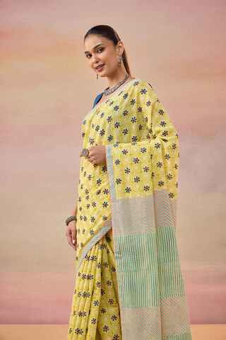 Light Yellow Pure Cotton Block Printed Bengal Saree thumbnail image number null