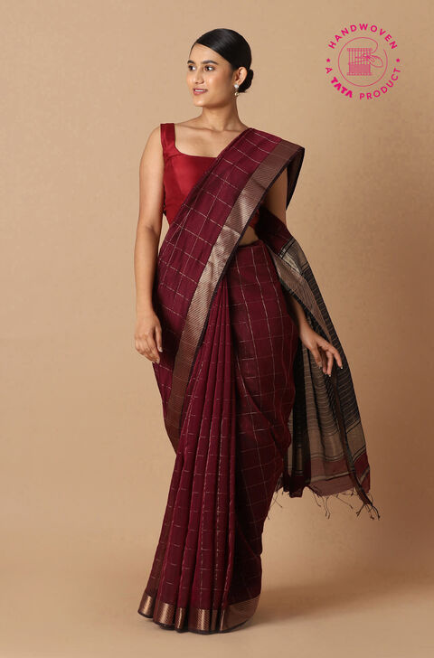 Dark Red Pure Silk Cotton Woven Maheswari Saree