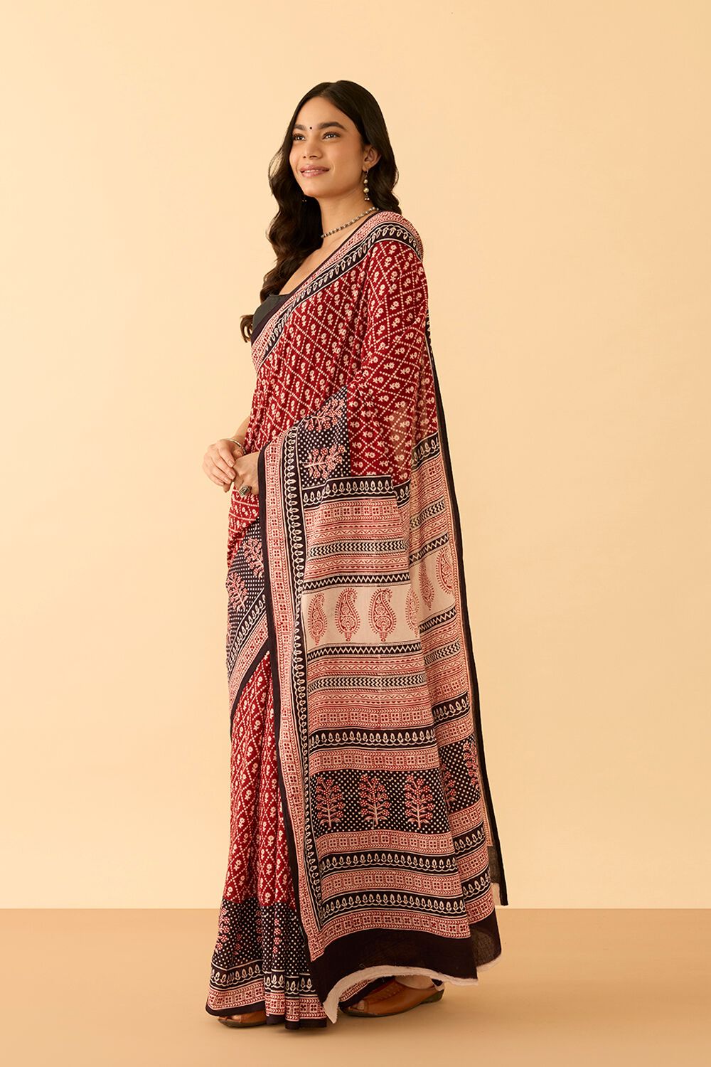 Red Bagh Block Printed Pure Cotton Saree image number null