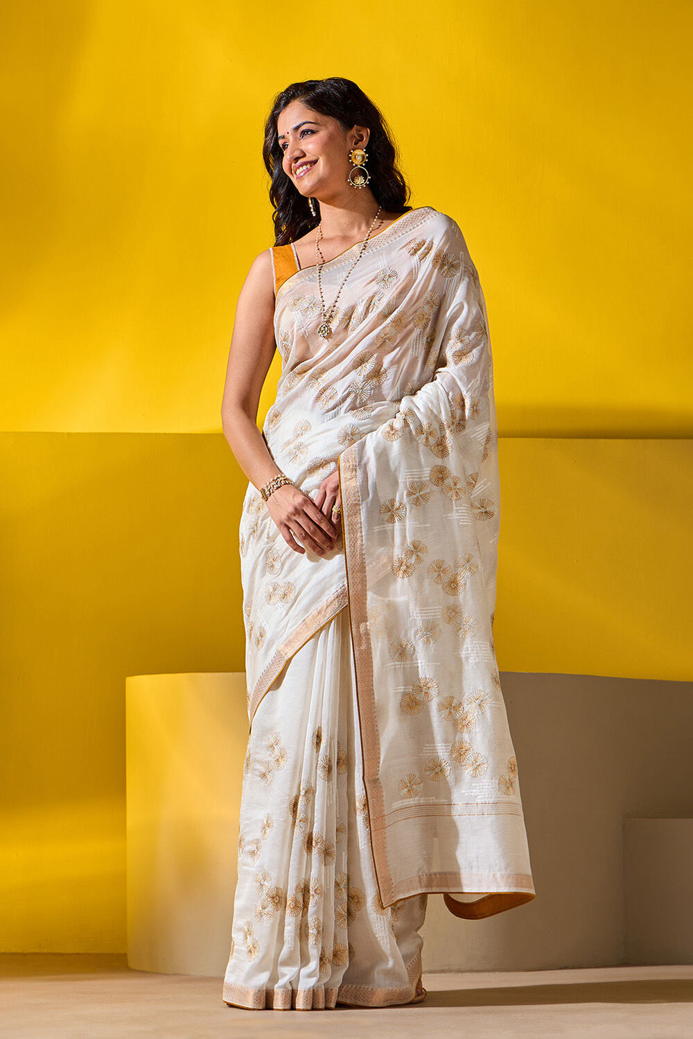 Off White Pure Silk Cotton Embroidered Saree image number null