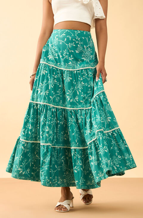 Green Rajasthan Screen Printed Pure Cotton Ethnic Skirt
