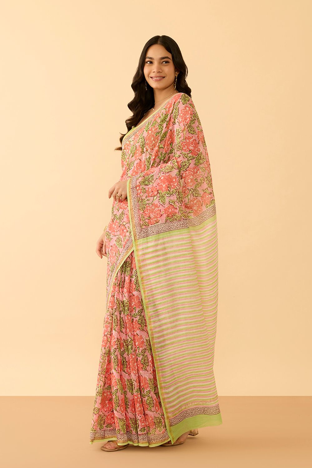 Peach Rajasthan Pure Silk Cotton Printed Sanganeri Saree image number null