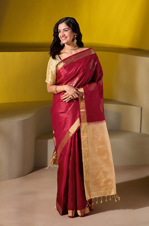 Dark Red Woven Pure Soft Silk Saree
