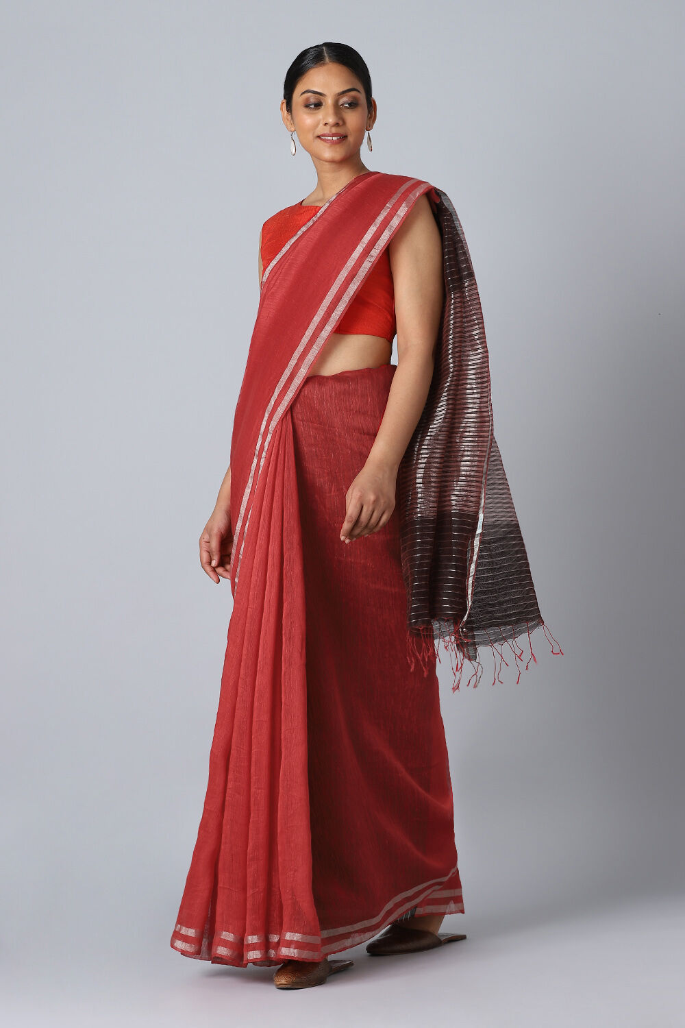Red Pure Silk Linen Bengal Saree image number null
