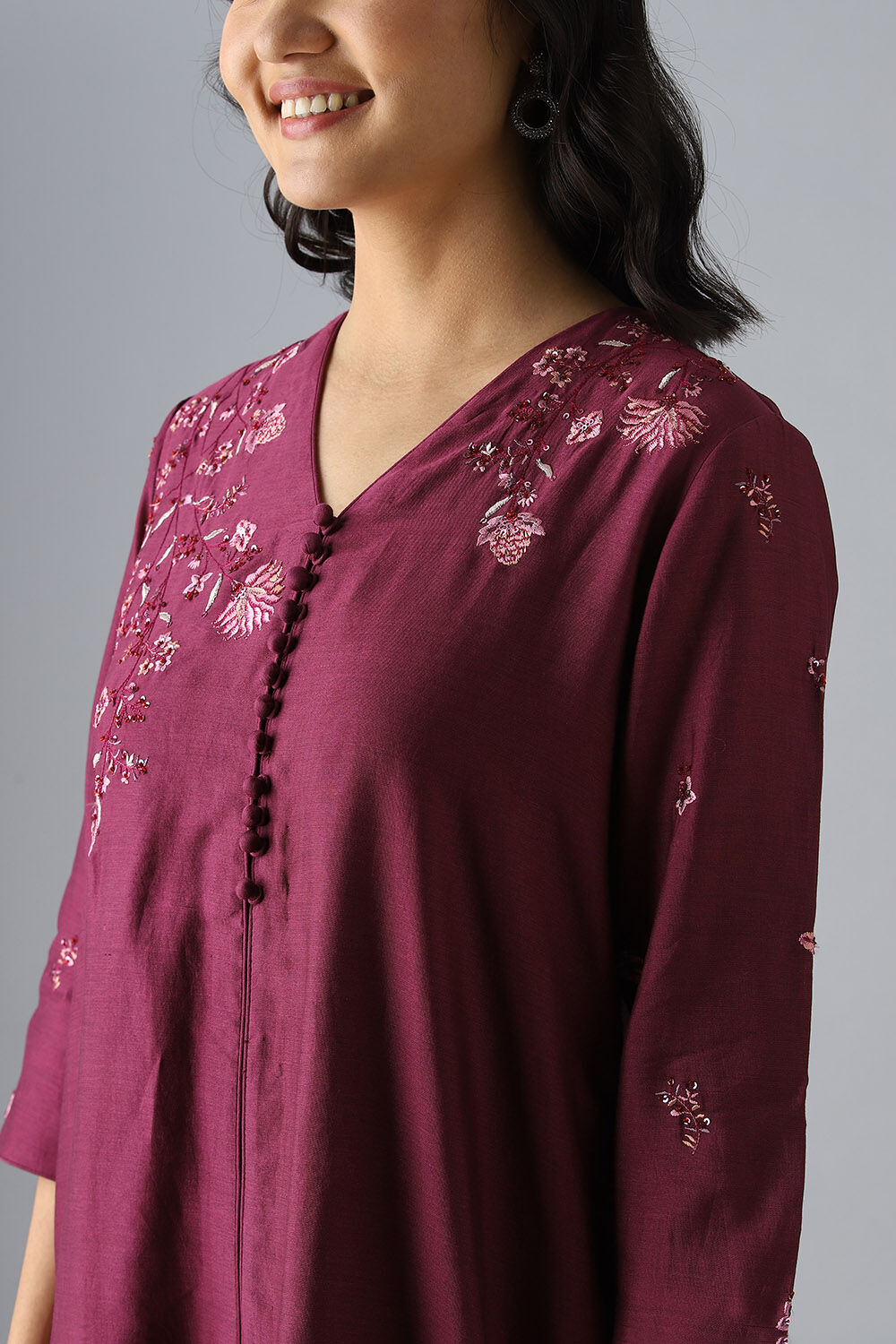 Purple Embroidered Silk Cotton Kurta Set image number null