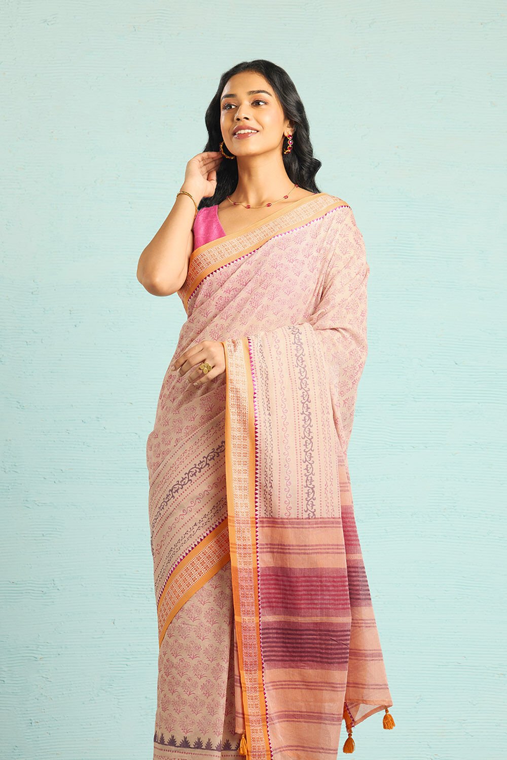 Orange Pure Cotton Block Printed Bengal Saree image number null