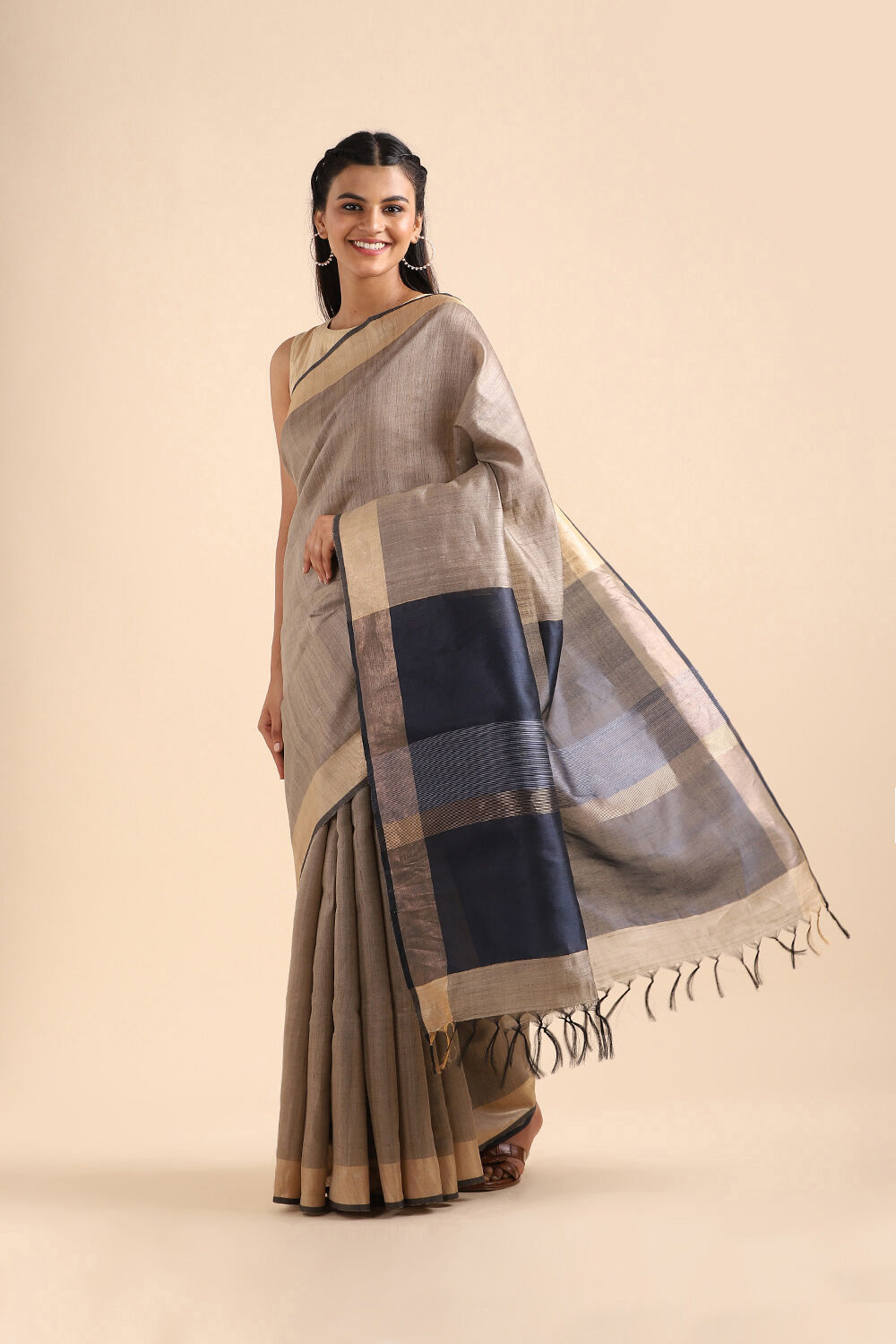 Beige Pure Tussar Silk Bhagalpuri Saree image number null