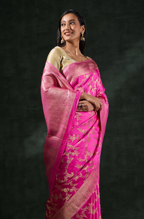 Pink Woven Viscose Saree