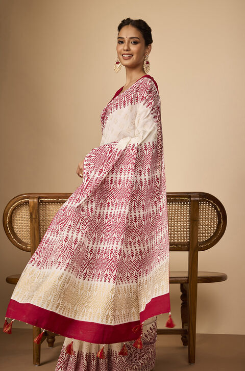 Off White Pure Cotton Printed Embroidery Saree