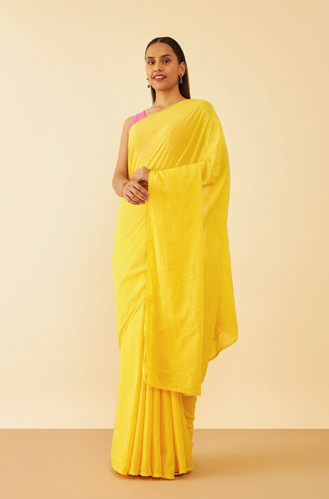 Yellow Lucknow Pure Cotton Chikankari Saree