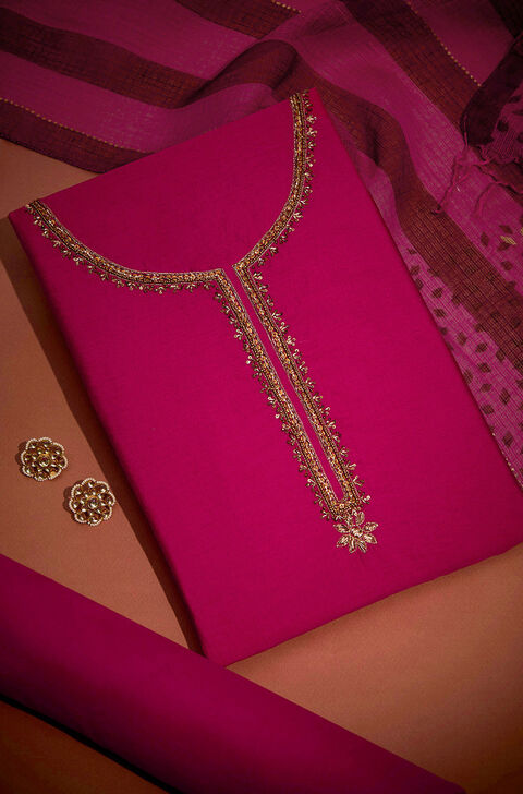 Dark Pink Pure Silk Cotton Embroidered Unstitched Suit Set
