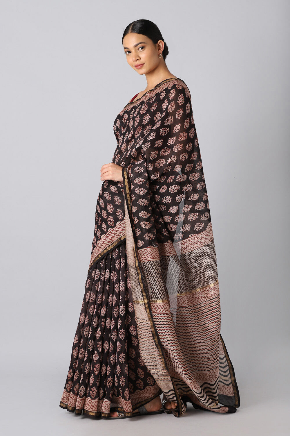 Black Pure Silk Cotton Bagru Printed Saree image number null