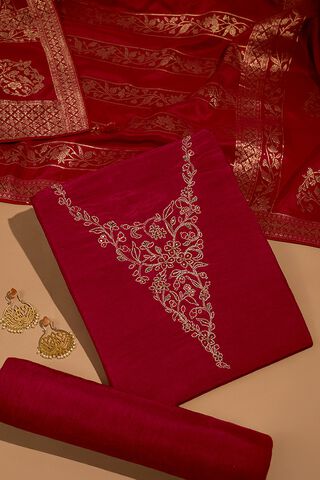 Dark Pink Pure Viscose Embroidered Unstitched Suit Set image number