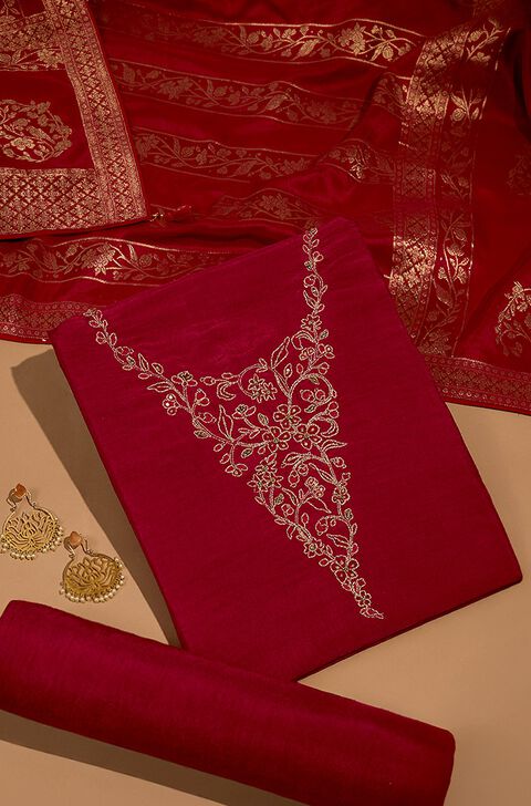 Dark Pink Pure Viscose Embroidered Unstitched Suit Set