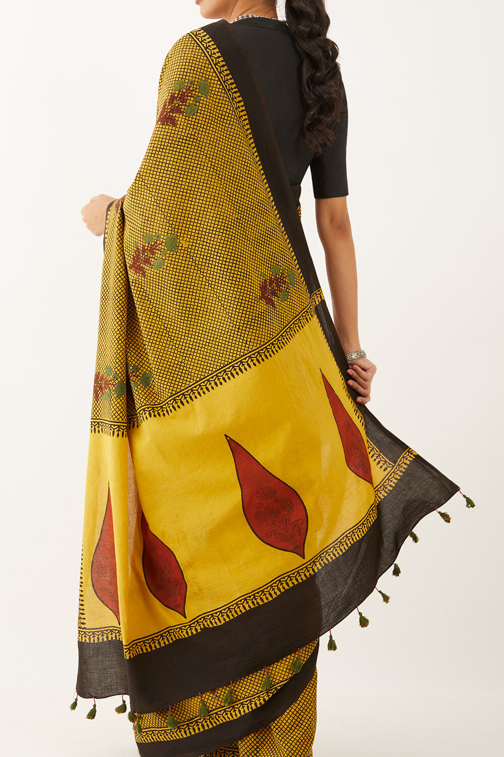 Yellow Pure Cotton Ajrakh Block Print Saree image number null