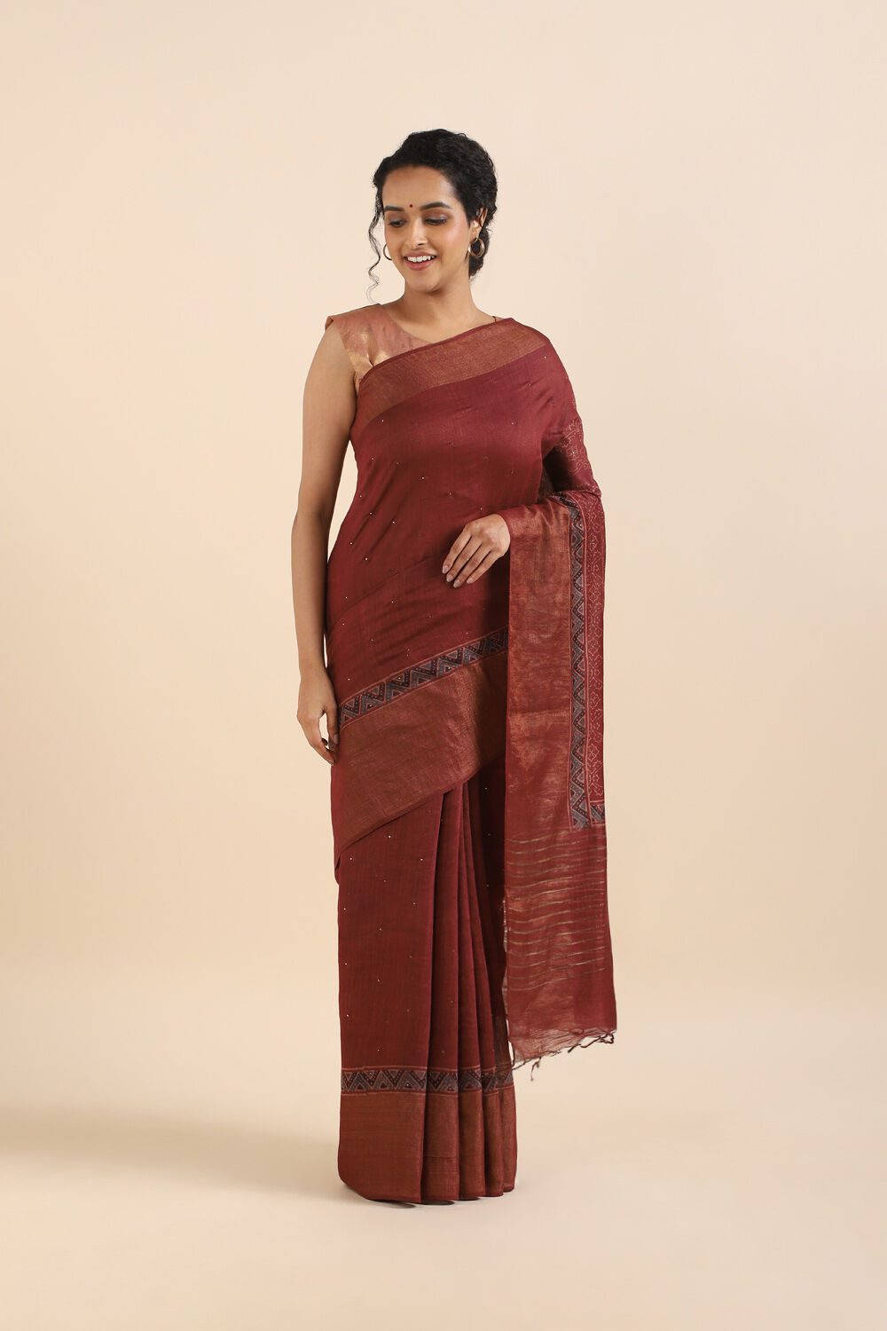 Red Pure Tussar Vanya Ajrakh Printed Saree image number null