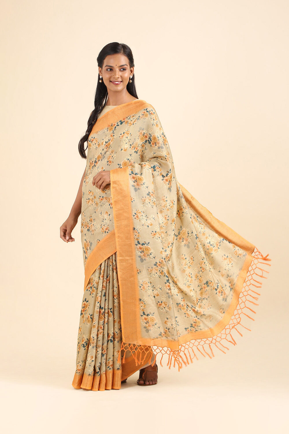 Beige Pure Tussar Silk Digital Printed Saree image number null