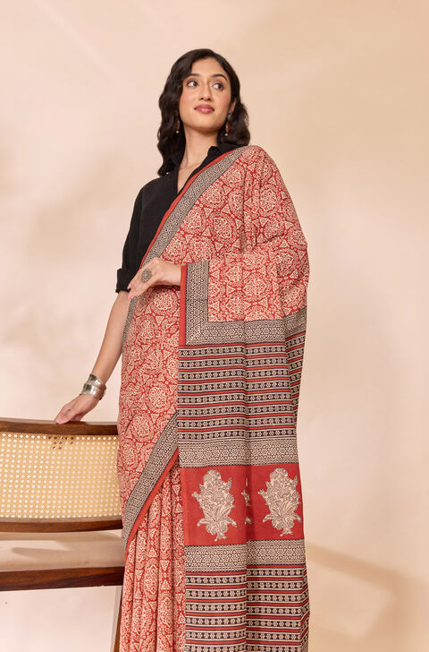 Dark Red Rajasthan Block Printed Pure Cotton Saree
