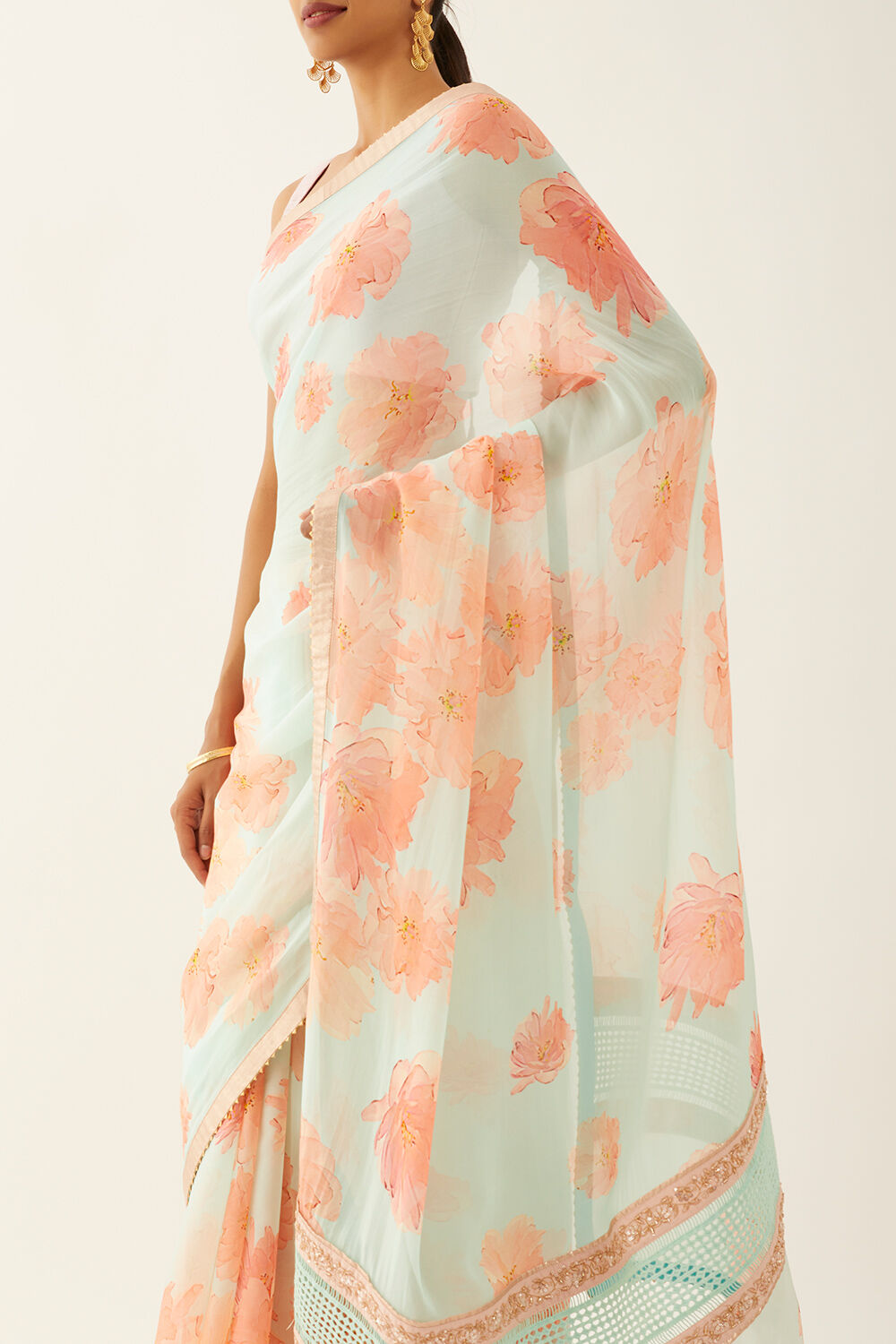 Light Blue Viscose Organza Digital Printed Saree image number null