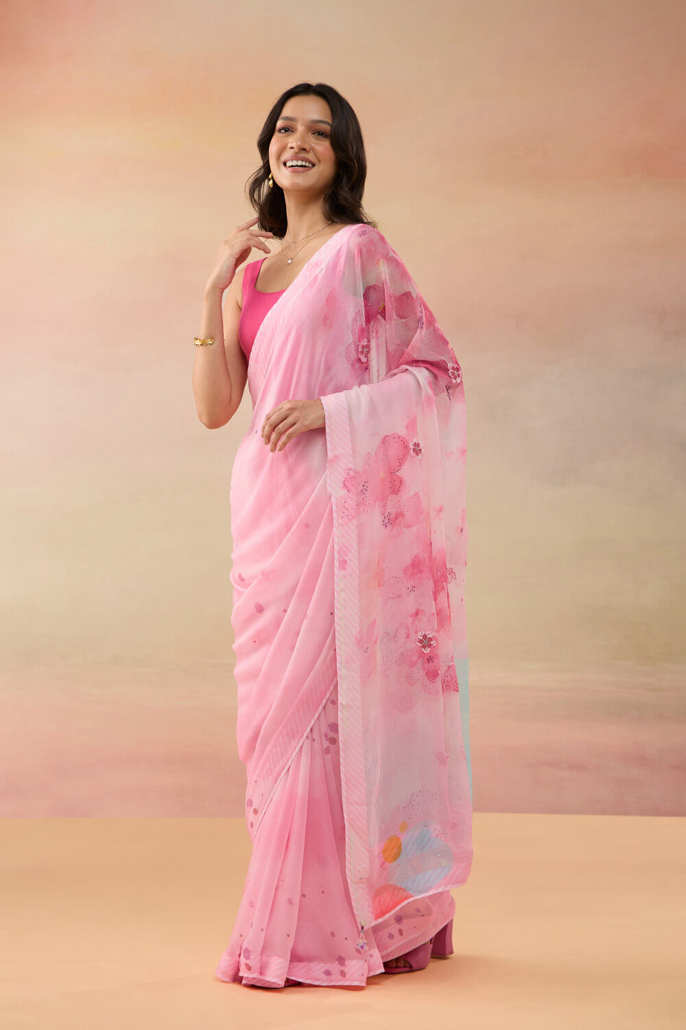 Pink Viscose Chiffon Printed Saree image number null
