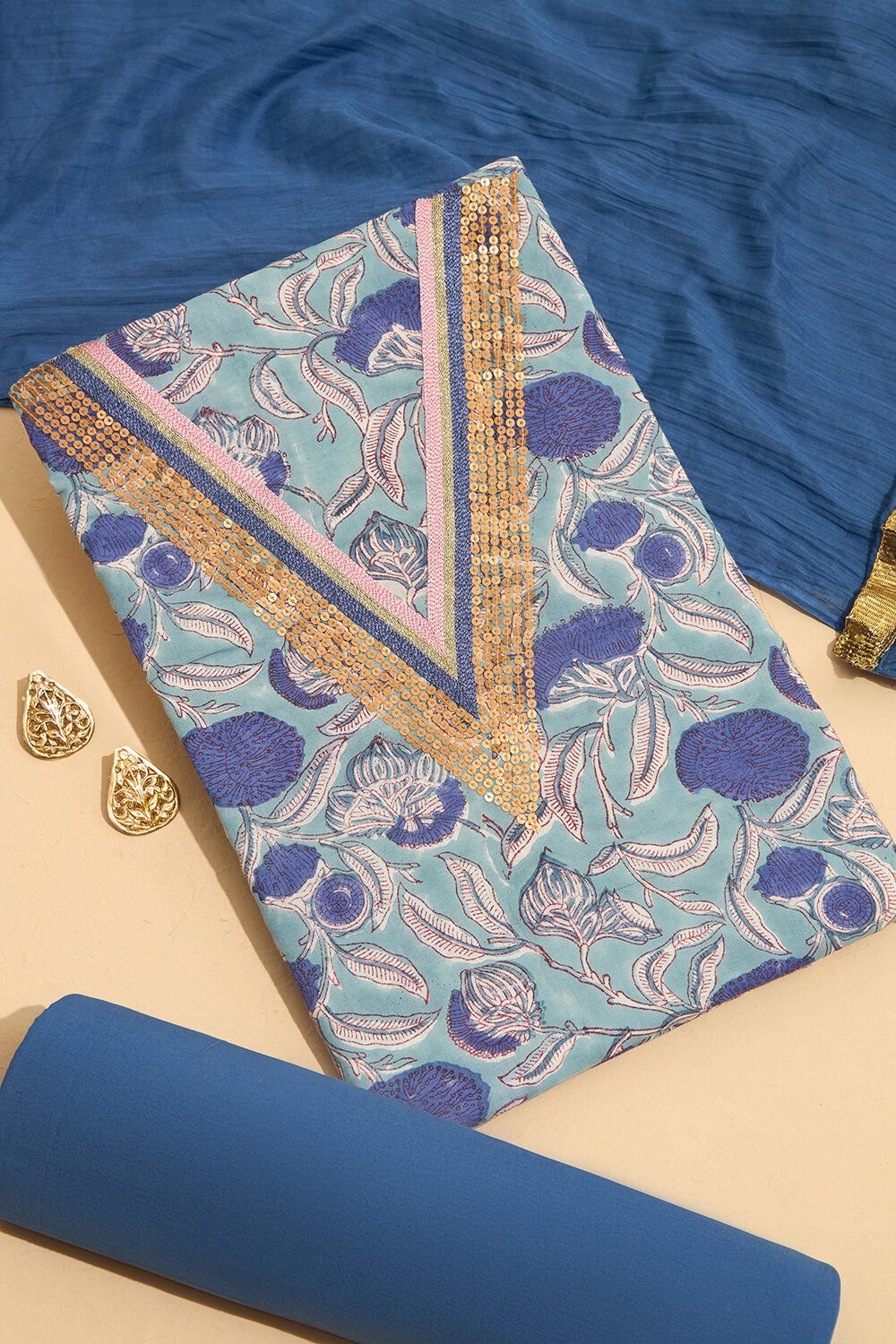 Light Blue Pure Silk Cotton Printed Embroidery Unstitched Suit Set image number null