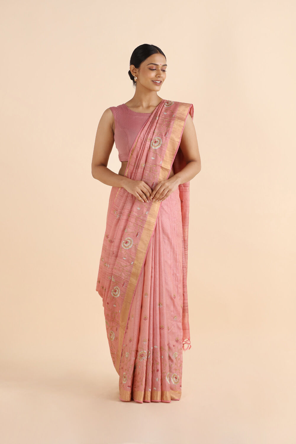 Pink Pure Tussar Embroidered Saree image number null