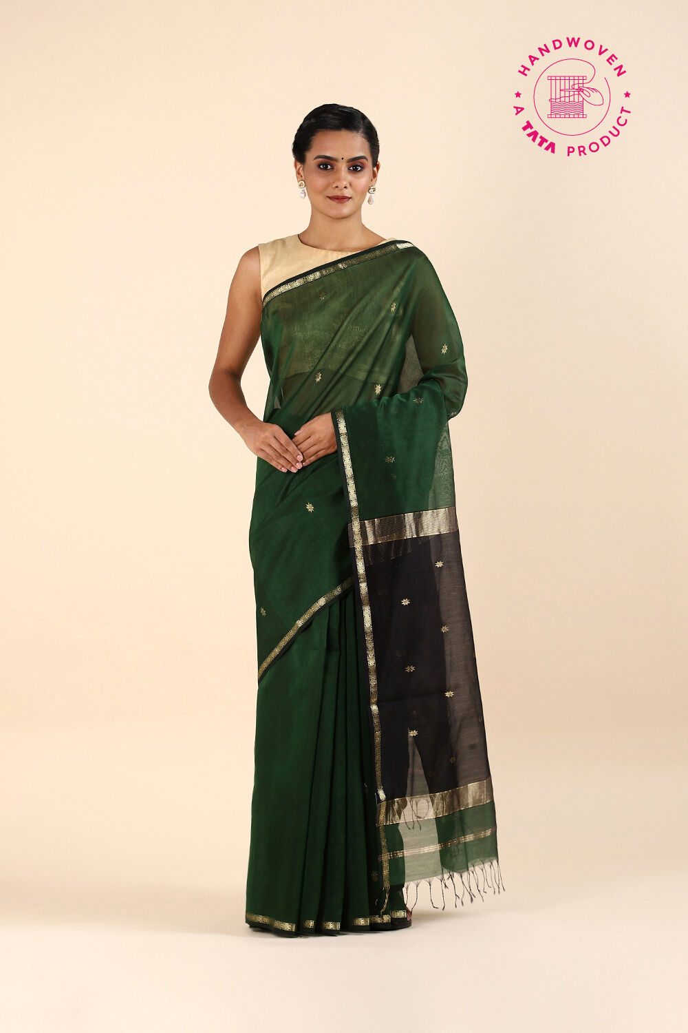 Dark Green Pure Silk Cotton Maheswari Saree image number null
