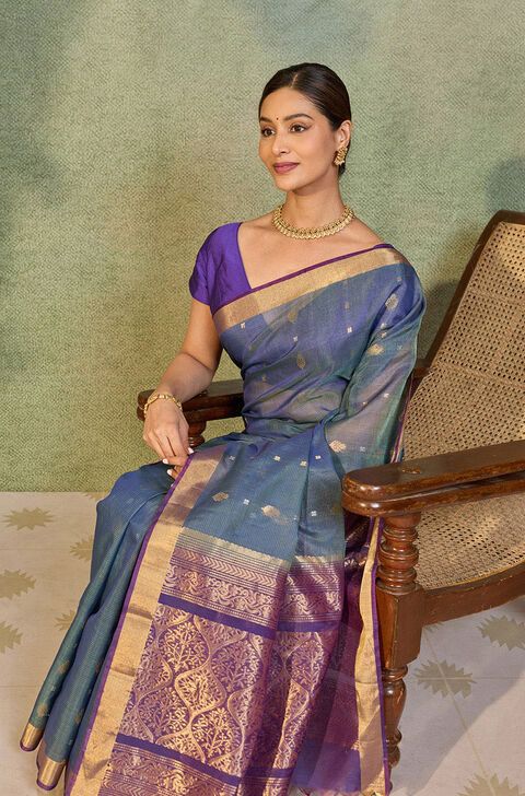 Blue Woven Pure Silk Cotton Saree