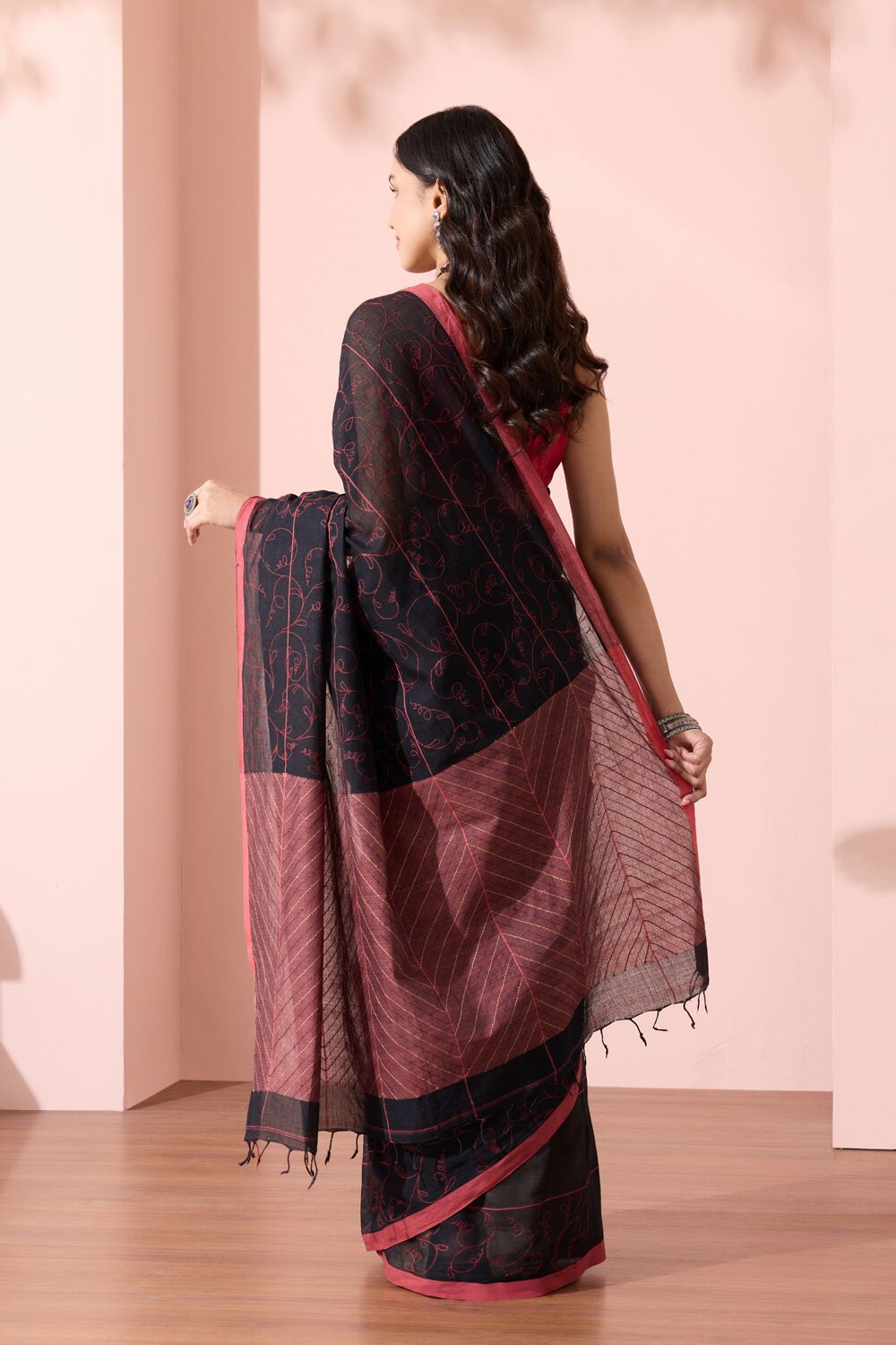 Black Bengal Pure Cotton Kantha Embroidered Saree image number null
