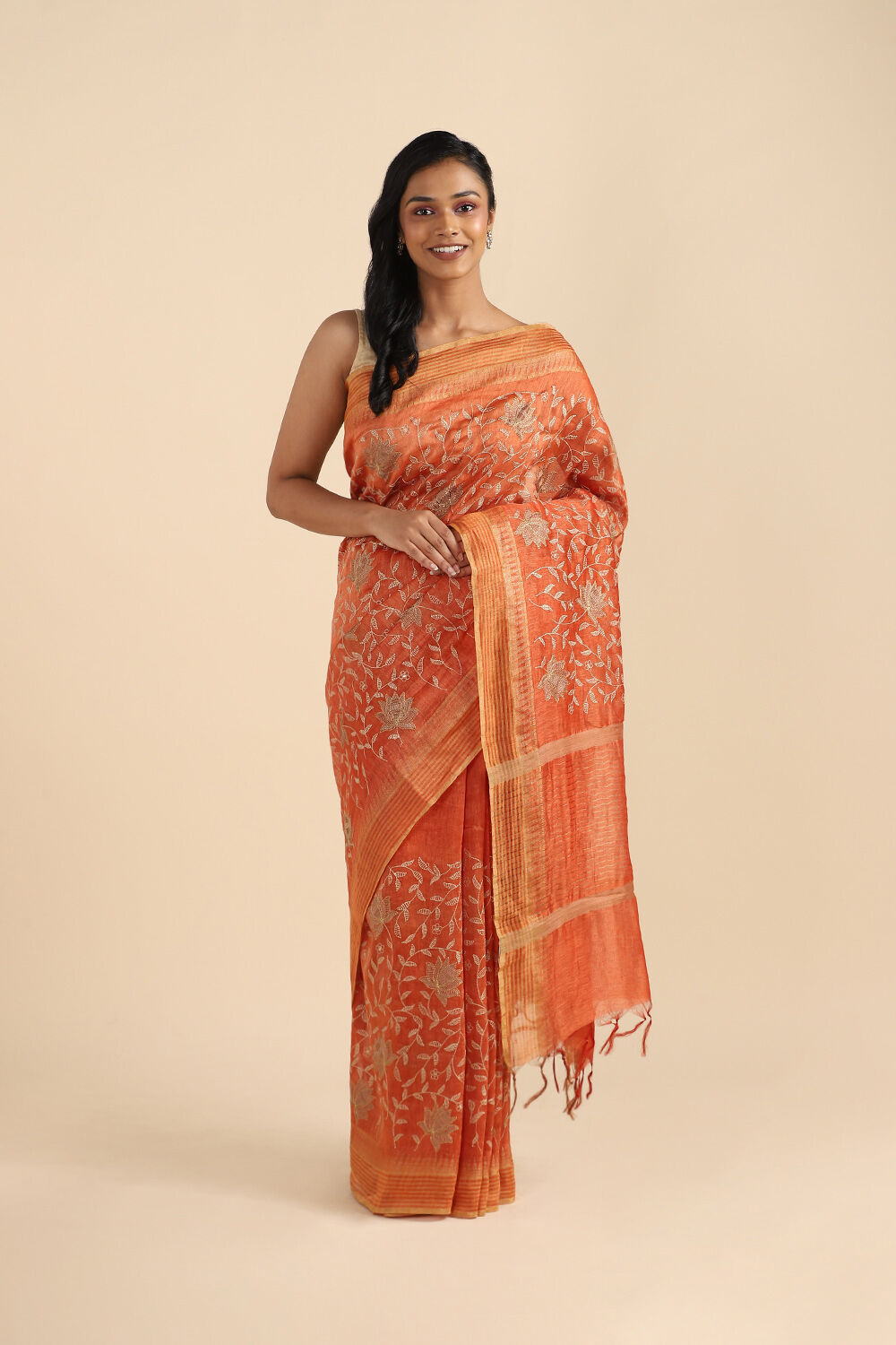 Dark Orange Pure Silk Linen Embroidered Saree image number null