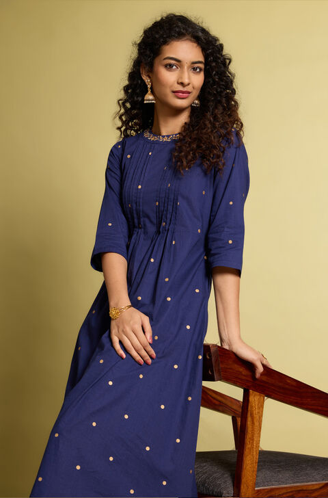 Dark Blue Embroidered Pure Cotton Kurta