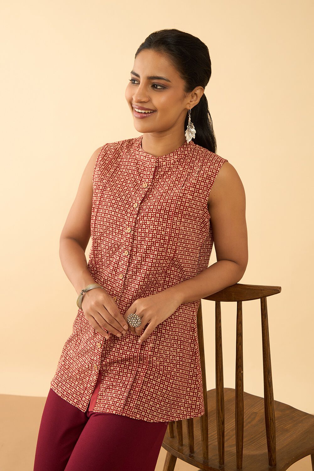 Dark Red Bagru Block Printed Pure Cotton Short Top image number null