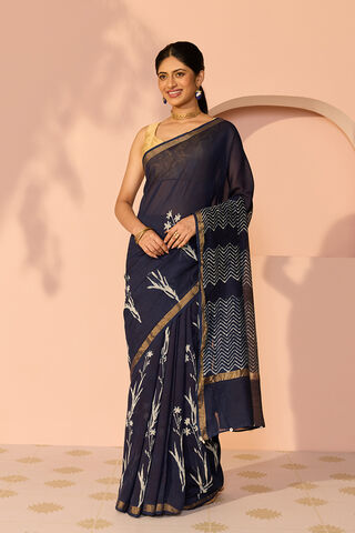 Blue Bagru Bagru Block Printed Pure Silk Cotton Saree thumbnail image number null