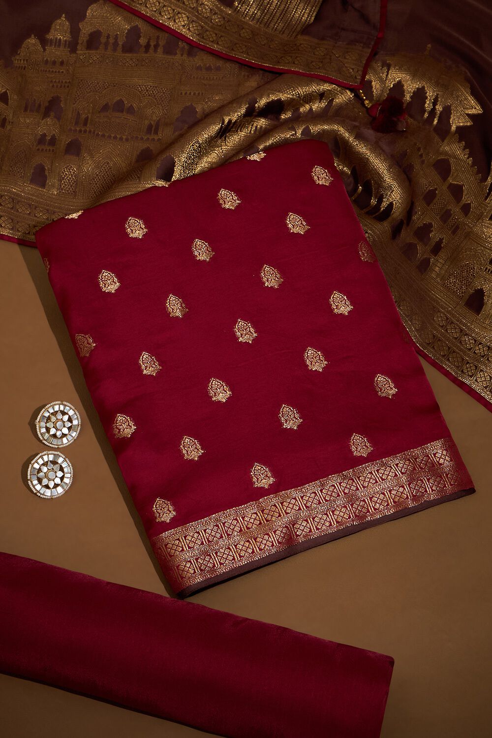 Red Woven Viscose Unstitched Suit Set image number null