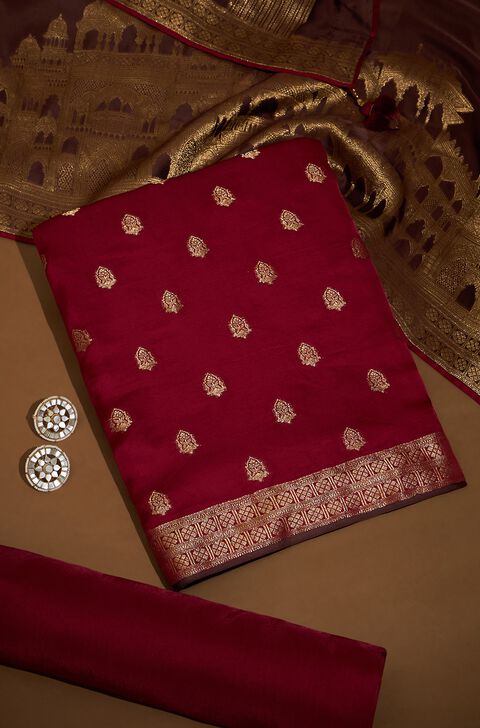 Red Woven Viscose Unstitched Suit Set