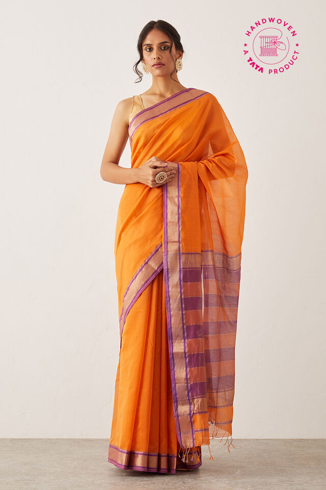 Orange Pure Silk Cotton Maheswari Saree