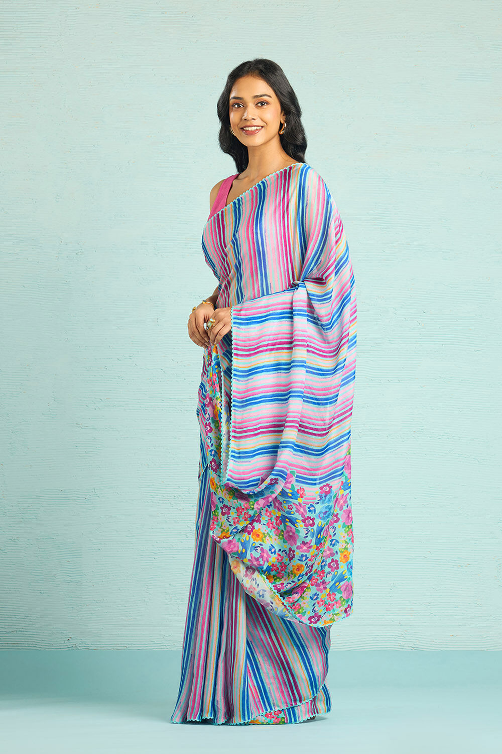 Blue Printed Viscose Crepe Saree image number null