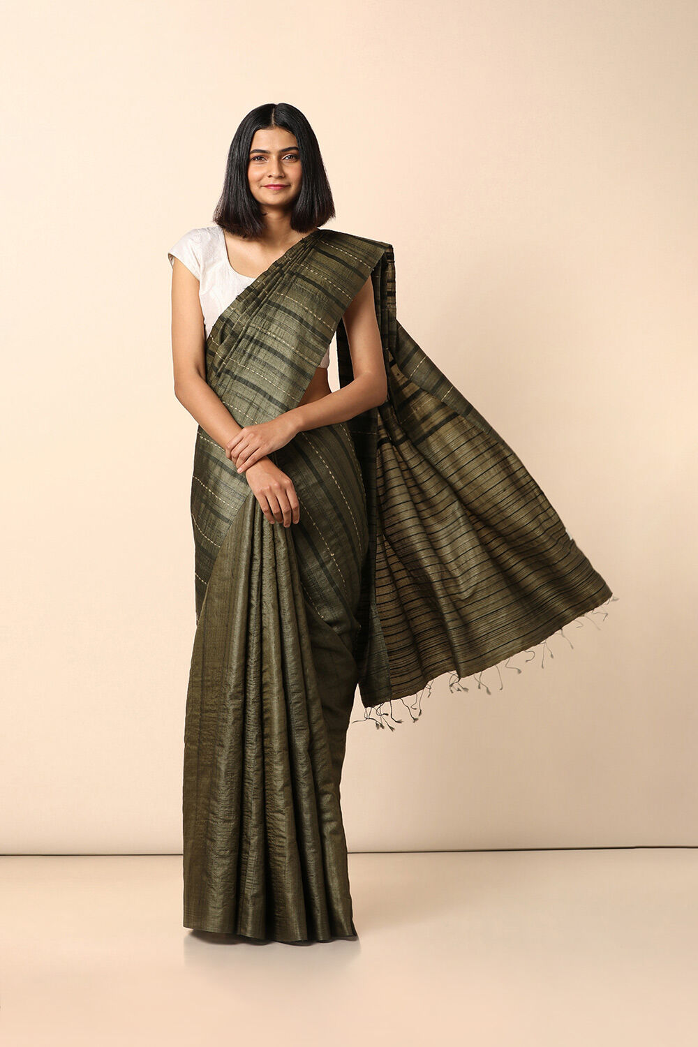 Dark Pure Green Tussar Woven Saree image number null